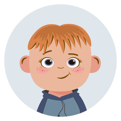 Children's avatar in a circle for social networks. Cute cartoon boy face, big eyes, red hair, smiling emotions. Vector illustration on white background