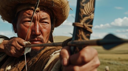 Mongol Archer's Legacy: A cinematic 32k UHD portrayal of a battle-hardened 26-year-old Mongol archer from Genghis Khan's era, illustrating the fearsome archery tactics on the vast steppes.

 - obrazy, fototapety, plakaty