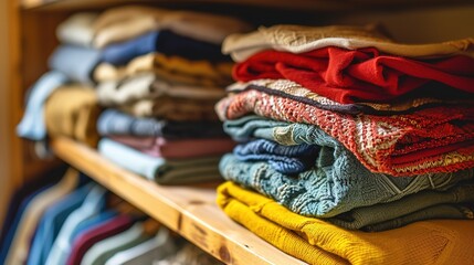 Neatly folded clothing in a variety of colors and patterns are stacked on wooden shelves, showcasing a cozy and organized closet space.