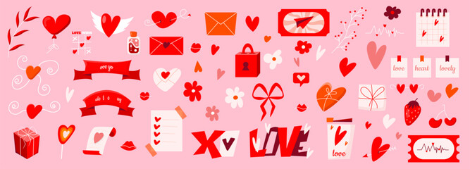Huge Set of Happy Valentine’s Day Elements. Hand Drawn Love Elements with hearts, lips, gifts, flowers and love letters. Love wins, love is in the air and be my valentine concepts.