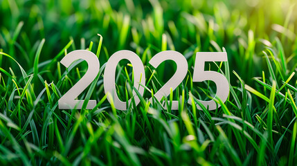 Happy New Year, Happy 2025, new year concept, "2025" written on a simple Sprigs of green grass background, Generative Ai