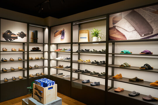 SINGAPORE - NOVEMBER 06, 2023: interior shot of Birkenstock store inside Paragon Mall. Birkenstock Holding plc is a German shoe manufacturer.