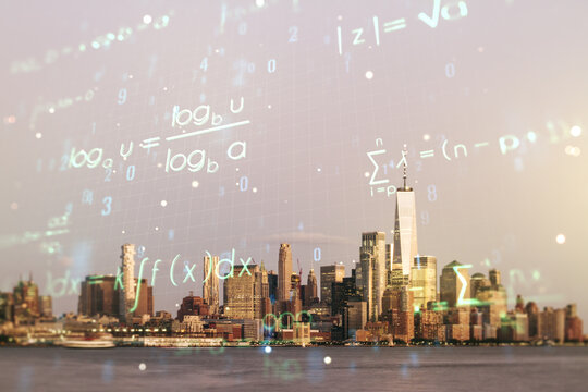 Double exposure of scientific formula hologram on New York city skyscrapers background, research and development concept