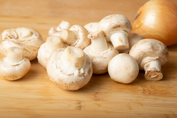 Cooking mushrooms with eggs and onions. Cooking at home. A series of photos.