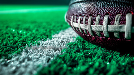 close-up of an American football on green artificial turf, focusing on the texture and laces of the ball with a blurred background - obrazy, fototapety, plakaty