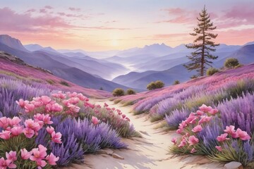 Watercolor landscape of a sunset in the picturesque mountainous area with purple flowers.
