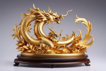 Sculpture of an Asian style golden dragon on a wooden platform.
