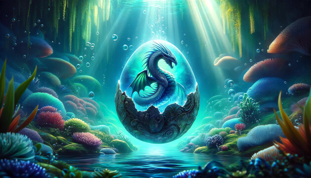 Dragon egg. Mystical Water Dragon Birth in Underwater Wonderland 4k wallpaper, wall art