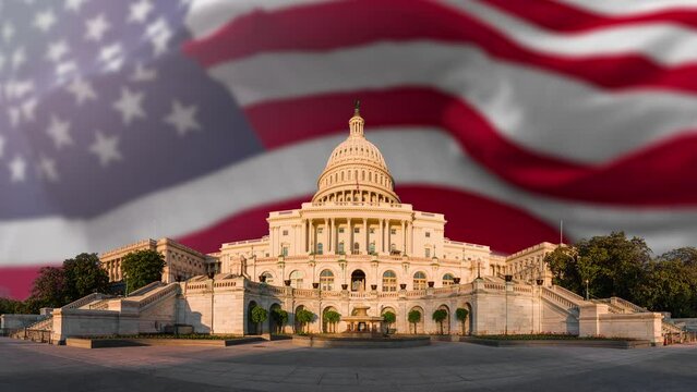 4K video of The US Capitol Building in Washington DC United States of America with waving flag	
