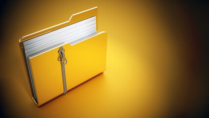 Zipped folder standing on yellow background. 3D illustration