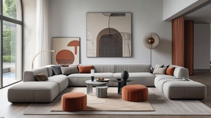 Contemporary minimalist living room with modular furniture, subdued colors, and geometric patterns.