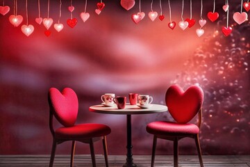 Two red chairs and coffee cups on a table in a room with hearts. Valentine's Day. Dinner table with hearts