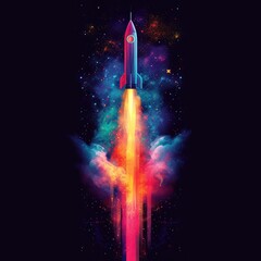 Rocket soaring upward against a black background with  colorful neon effects
