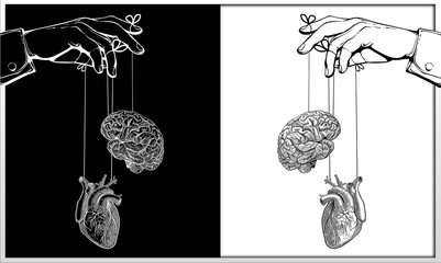 The conflict of mind and heart, two ways of love or logic, black or white - obrazy, fototapety, plakaty