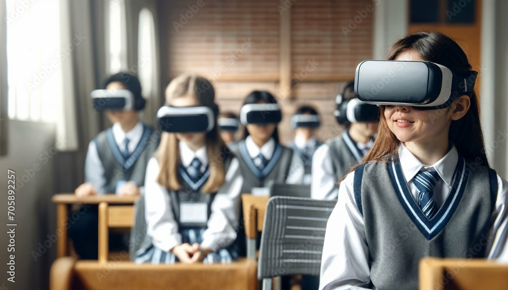 Sticker elementary school kids using vr glasses in class - immersive technology education