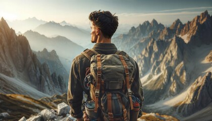 Mountaineer man climbing with backpack - active hiking lifestyle, adventure outdoors, mountains landscape background