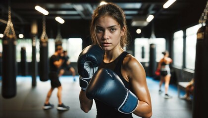 Focused teenage female boxer training for a competition - obrazy, fototapety, plakaty