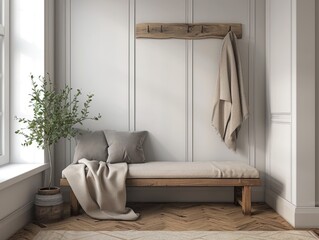 Minimalist entryway with a simple bench, a wall-mounted coat rack, and a neutral color.