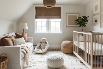 Minimalist nursery interior with essential furniture, neutral tones, and unadorned walls for a serene ambiance.