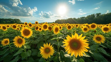 Fototapeta premium Field of growth sunflowers scene with blue sky background in summer