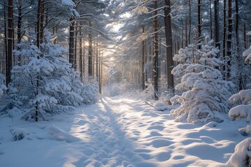 Snow-Covered Winter Forest background, a winter woodland with subjects in a snowy forest.
