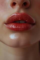 A close-up view of a woman's lips beautifully adorned with vibrant red lipstick. This image is perfect for beauty, makeup, or fashion-related projects