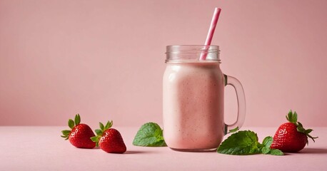 Healthy breakfast/snack - strawberry milkshake or smoothie in mason jar, mint decor, pink table setting