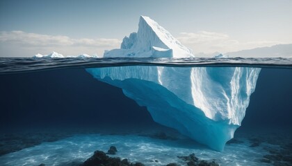 White iceberg floating in ocean, half underwater view, hidden danger and global warming concept