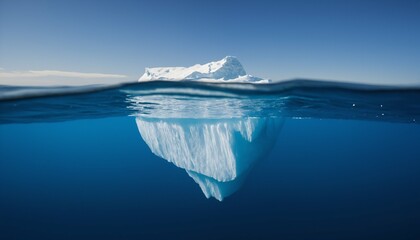 Half-submerged white iceberg in ocean, illustrating hidden danger and global warming, tip of the iceberg concept