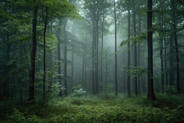 Fototapeta na wymiar Mystical forest with fog-shrouded trees, nature of mystery background