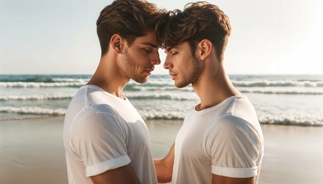 Gay couple sharing an intimate moment by the ocean shore, serene and romantic