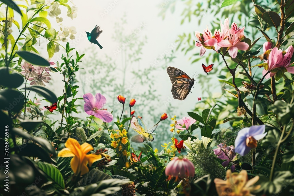 Aufkleber a beautiful butterfly gracefully flies over a lush green forest filled with vibrant flowers. this ca