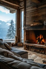 A warm and inviting living room with a fireplace, filled with comfortable furniture. Perfect for creating a cozy atmosphere. Ideal for home decor, interior design, and real estate concepts
