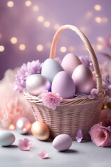 Fototapeta na wymiar Celebrating Easter, holiday greeting card mockup with light bokeh, flowers and colored eggs.