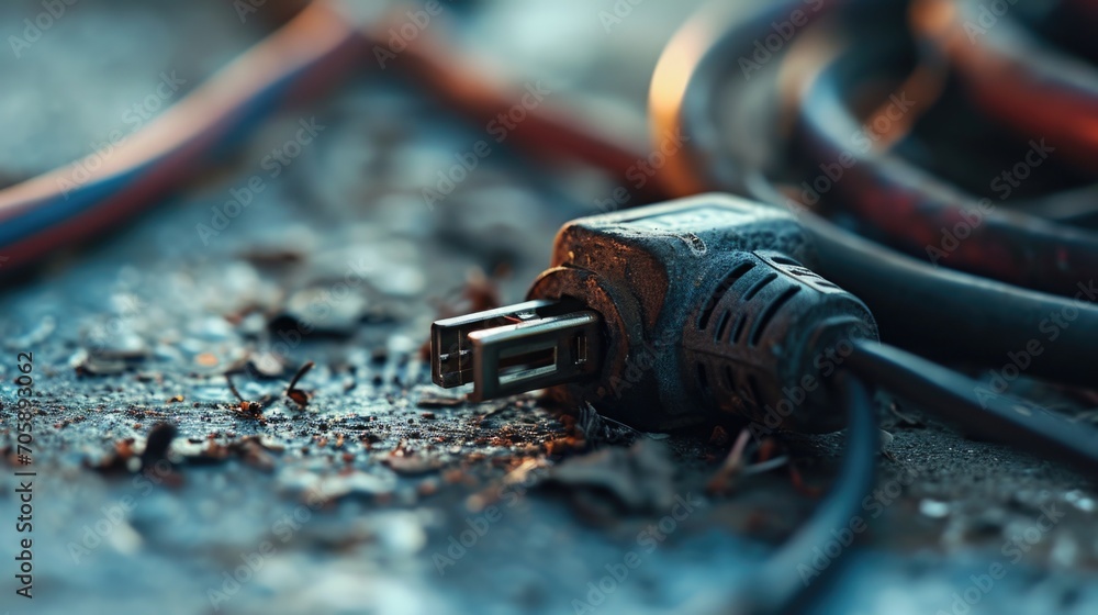 Poster a detailed view of a power cord lying on the ground. suitable for illustrating electrical safety or 
