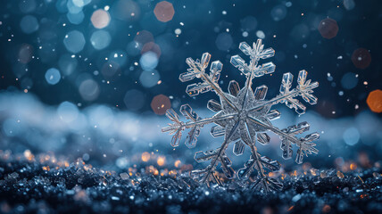 Fototapeta na wymiar Elegant Snowflake, Macro Capture on Dark Blue Background