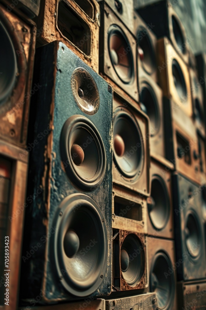 Poster A collection of speakers stacked on top of each other. Versatile and useful for various audio-related projects