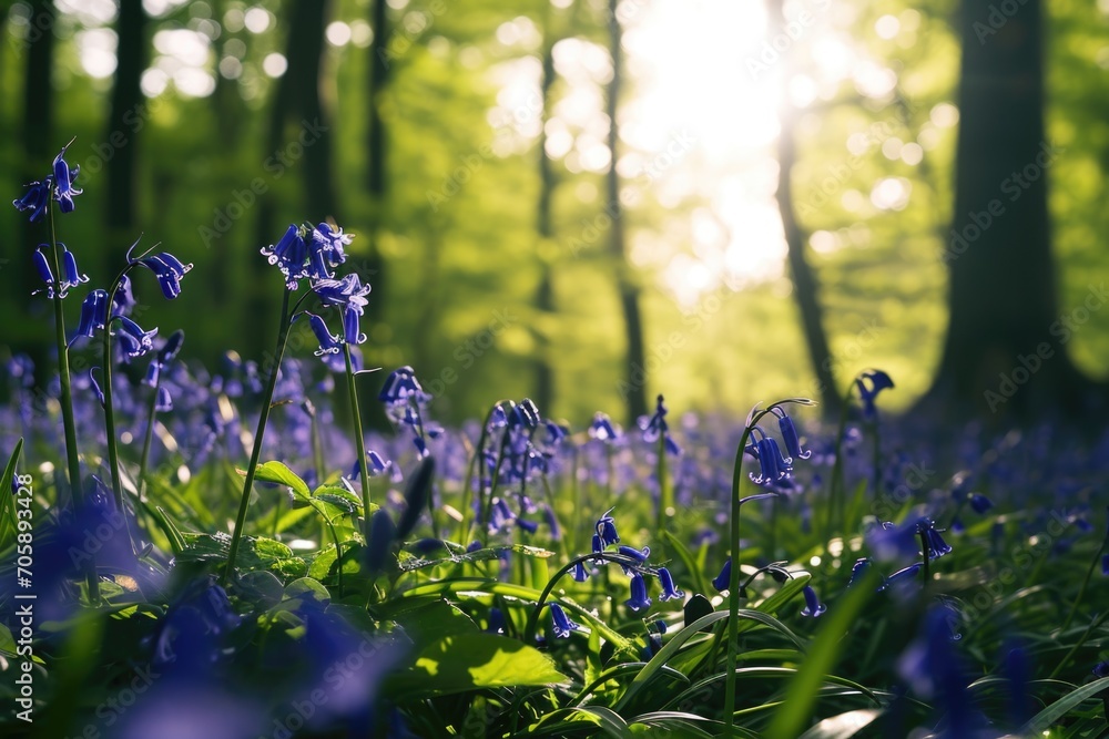 Poster a beautiful field of bluebells with the sun shining through the trees. perfect for nature lovers and