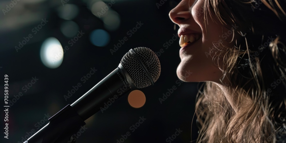 Fototapete a woman is pictured singing into a microphone in a dark room. this image can be used for music-relat