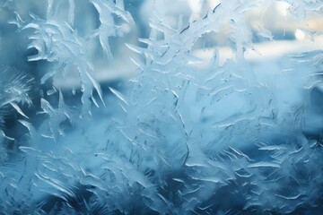 Fototapeta premium Snowy beautiful patterns on glass. Frozen ice on glass close-up, ice texture.