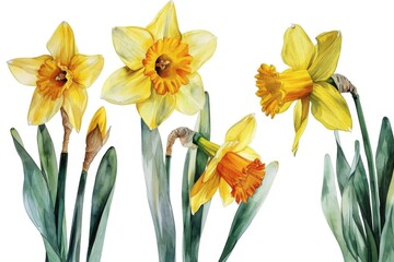 A group of yellow daffodils on a white background. Perfect for spring-themed designs and floral arrangements