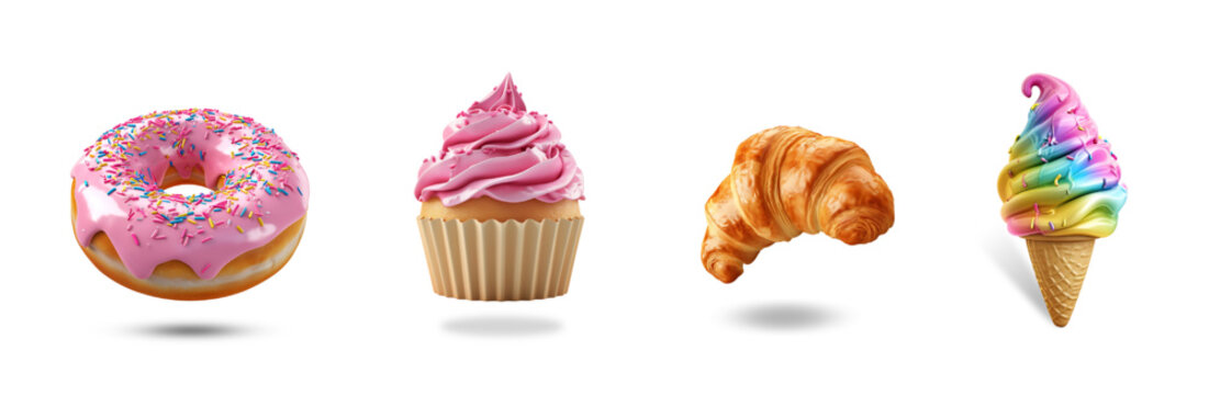 3D realistic render sweet food vector icon set. Donut, croissant, cupcake, ice cream.