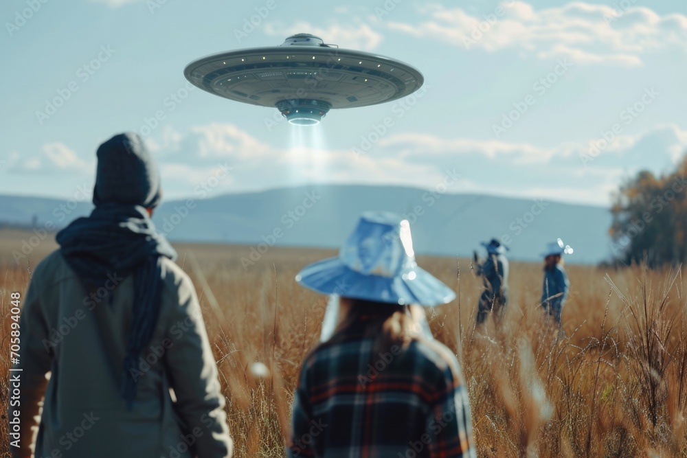 Poster a group of people standing in a field with a flying saucer hovering above them. perfect for science 