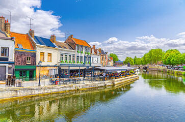 Amiens cityscape old town Saint-Leu quarter, embankment Quai Belu of Somme river water canal,...
