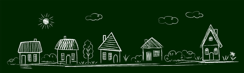 Houses, street, trees, bushes, landscape, sun, clouds - scribbles are drawn by a child's hand with chalk on asphalt or on a blackboard. White lines on a black and blue background - obrazy, fototapety, plakaty