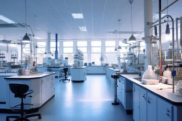 An empty laboratory with many workstations.