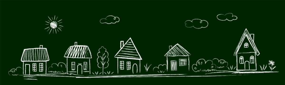 Houses, street, trees, bushes, landscape, sun, clouds - scribbles are drawn by a child's hand with chalk on asphalt or on a blackboard. White lines on a black and blue background