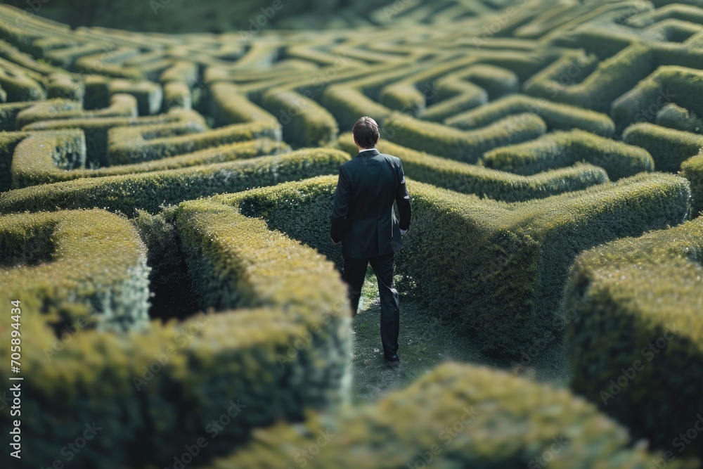 Poster A man in a suit walking through a maze. Suitable for business, problem-solving, and decision-making concepts