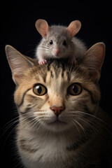Cat with Mouse on Head Portrait