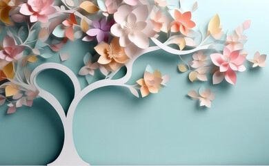 Beautiful 3D origami paper tree with pastel colored flowers on a light blue background for design and interior art decor. Banner with copy space.Generative AI 